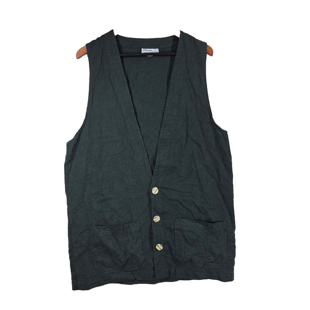 Vintage Chicos Womens Vest Sz 2 XL Green Pockets Business Preppy Sleeveless